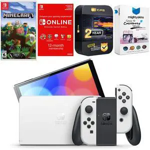 Nintendo Switch White OLED Console with Minecraft: Switch Edition, NSO 12 Month Family Membership, MightySkins Console and Controller Skin Voucher, and 2 Year CPS Extended Warranty