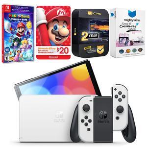 Nintendo Switch White OLED Console with Mario + Rabbids Sparks of Hope Cosmic Edition, Nintendo $20 eShop Gift Card, MightySkins Console and Controller Skin Voucher, and 2 Year CPS Extended Warranty