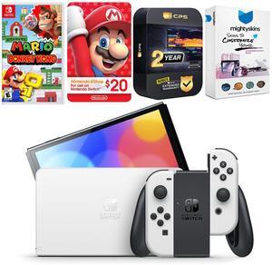Nintendo Switch White OLED Console with Mario vs. Donkey Kong, Nintendo $20 eShop Gift Card, MightySkins Console and Controller Skin Voucher, and 2 Year CPS Extended Warranty
