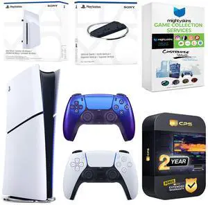 Sony PlayStation 5 Slim Digital Bundle with Disc Drive, Extra Controller, Vertical Stand, MightySkins Game Collection Services and 2 Year Extended Warranty - Chroma Indigo