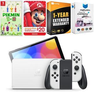 Nintendo Switch White OLED Console with Pikmin 1 + 2, Nintendo $20 eShop Gift Card, MightySkins Console and Controller Skin Voucher, and 1 Year CPS Extended Warranty