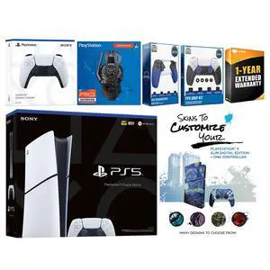 Sony Playstation 5 Slim Digital with Extra White Controller, Plantronics Headset, Trigger Stop Kit, FPS Grip Kit and MightySkins Decal Voucher + 1 Year CPS Extended Warranty