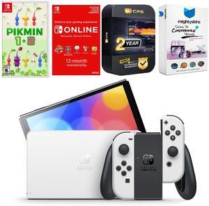 Nintendo Switch White OLED Console with Pikmin 1 + 2, NSO 12 Month Family Membership, MightySkins Console and Controller Skin Voucher, and 2 Year CPS Extended Warranty