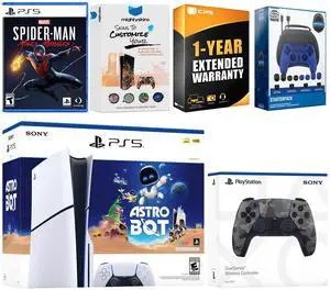 Sony PlayStation 5 Slim Disc Astro Bot, Spider-Man Miles Morales Bundle with Extra Gray Camo Controller, Pro Gamer Starter Kit, MightySkins Code and 1 Year Extended Warranty
