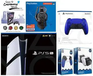 Sony Playstation 5 Pro Bundle with Extra Cobalt Blue Controller, Plantronics Headset, Trigger Stop Kit, Dual Charge Dock and MightySkins Decal Voucher