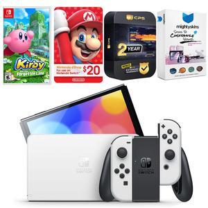 Nintendo Switch White OLED Console with Kirby and the Forgotten Land, Nintendo $20 eShop Gift Card, MightySkins Console and Controller Skin Voucher, and 2 Year CPS Extended Warranty
