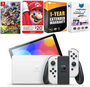 Nintendo Switch White OLED Console with Mario Strikers Battle League, Nintendo $20 eShop Gift Card, MightySkins Console and Controller Skin Voucher, and 1 Year CPS Extended Warranty