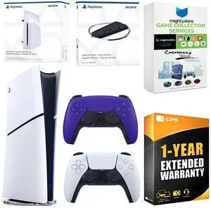 Sony PlayStation 5 Slim Digital Bundle with Disc Drive, Extra Controller, Vertical Stand, MightySkins Game Collection Services and 1 Year Extended Warranty - Galactic Purple Sony PlayStation 5 Slim Digital Bundle with Disc Drive, Extra Controller, Vertical Stand, MightySkins Game Collection Services and 1 Year Extended Warranty - Galactic Purple