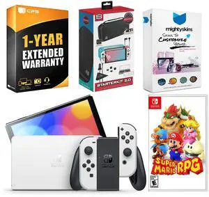 Nintendo Switch White OLED Console with Super Mario RPG, Surge Accessory Gaming Kit, MightySkins Console and Controller Skin Voucher, and 1 Year CPS Extended Warranty