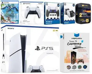 Sony Playstation 5 Slim Disc with Horizon Forbidden West, Extra White Controller, FPS Grip Kit, Charge Dock and MightySkins Decal Voucher + 2 Year CPS Extended Warranty