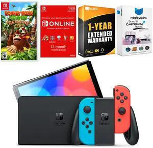 Nintendo Switch Neon Red & Blue OLED Console with Donkey Kong Country Returns HD, NSO 12 Month Family Membership, MightySkins Console and Controller Skin Voucher, and 1 Year CPS Extended Warranty