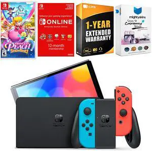 Nintendo Switch Neon Red & Blue OLED Console with Princess Peach: Showtime!, NSO 12 Month Family Membership, MightySkins Console and Controller Skin Voucher, and 1 Year CPS Extended Warranty