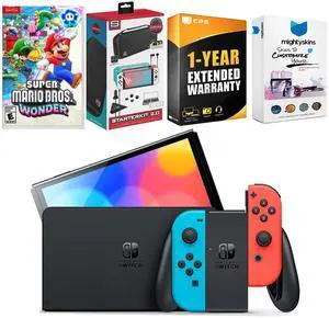 Nintendo Switch Neon Red & Blue OLED Console with Super Mario Bros. Wonder Edition, Surge Accessory Gaming Kit, MightySkins Console and Controller Skin Voucher, and 1 Year CPS Extended Warranty