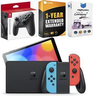 Nintendo Switch Neon Red & Blue OLED Console with Pro Controller, MightySkins Console and Controller Skin Voucher, and 1 Year CPS Extended Warranty