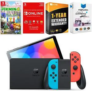Nintendo Switch Neon Red & Blue OLED Console with Pikmin 4, NSO 12 Month Family Membership, MightySkins Console and Controller Skin Voucher, and 1 Year CPS Extended Warranty