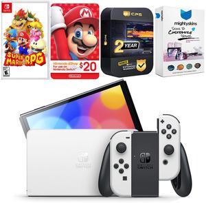 Nintendo Switch White OLED Console with Super Mario RPG , Nintendo $20 eShop Gift Card, MightySkins Console and Controller Skin Voucher, and 2 Year CPS Extended Warranty