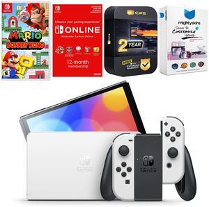 Nintendo Switch White OLED Console with Mario vs. Donkey Kong, NSO 12 Month Family Membership, MightySkins Console and Controller Skin Voucher, and 2 Year CPS Extended Warranty