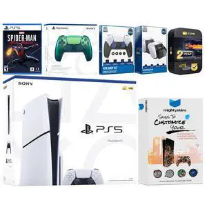 Sony Playstation 5 Slim Disc with Spider-Man: Miles Morales, Extra Chroma Teal Controller, FPS Grip Kit, Charge Dock and MightySkins Decal Voucher + 2 Year CPS Extended Warranty