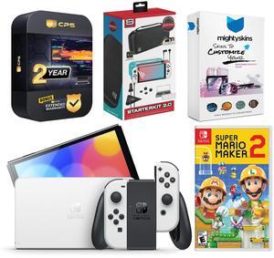 Nintendo Switch White OLED Console with Mario Maker 2, Surge Accessory Gaming Kit, MightySkins Console and Controller Skin Voucher, and 2 Year CPS Extended Warranty