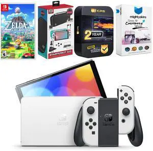 Nintendo Switch White OLED Console with The Legend of Zelda: Link's Awakening, Surge Accessory Gaming Kit, MightySkins Console and Controller Skin Voucher, and 2 Year CPS Extended Warranty