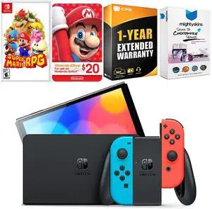 Nintendo Switch Neon Red & Blue OLED Console with Super Mario RPG , Nintendo $20 eShop Gift Card, MightySkins Console and Controller Skin Voucher and 1 Year CPS Extended Warranty
