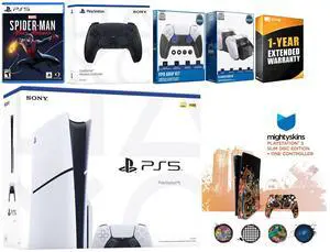 Sony Playstation 5 Slim Disc with Spider-Man: Miles Morales, Extra Midnight Black Controller, FPS Grip Kit, Charge Dock and MightySkins Decal Voucher + 1 Year CPS Extended Warranty