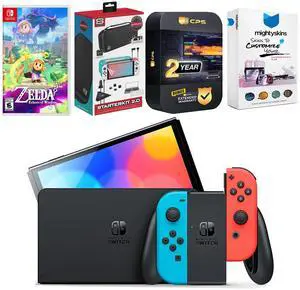 Nintendo Switch Neon Red & Blue OLED Console with the Legend of Zelda: Echoes of Wisdom Edition, Surge Accessory Gaming Kit, MightySkins Console and Controller Skin Voucher, and 2 Year CPS Extended W