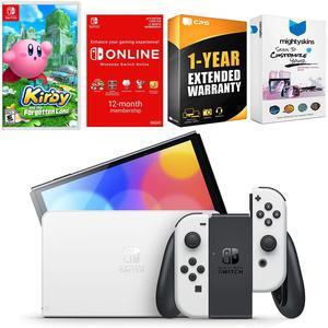 Nintendo Switch White OLED Console with Kirby and the Forgotten Land, NSO 12 Month Family Membership, MightySkins Console and Controller Skin Voucher, and 1 Year CPS Extended Warranty