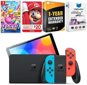Nintendo Switch Neon Red & Blue OLED Console with Princess Peach: Showtime!, Nintendo $20 eShop Gift Card, MightySkins Console and Controller Skin Voucher, and 1 Year CPS Extended Warranty