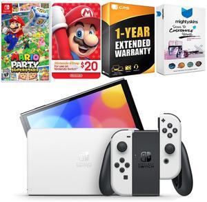 Nintendo Switch White OLED Console with Mario Party Superstars, Nintendo $20 eShop Gift Card, MightySkins Console and Controller Skin Voucher, and 1 Year CPS Extended Warranty