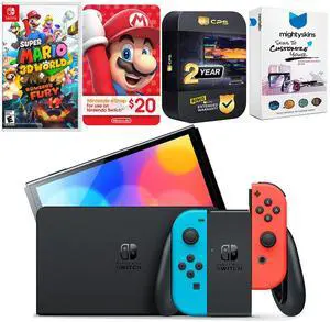 Nintendo Switch Neon Red & Blue OLED Console with Super Mario 3D World + Bowsers Fury , Nintendo $20 eShop Gift Card, MightySkins Console and Controller Skin Voucher and 2 Year CPS Extended Warran