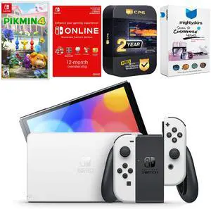 Nintendo Switch White OLED Console with Pikmin 4, NSO 12 Month Family Membership, MightySkins Console and Controller Skin Voucher, and 2 Year CPS Extended Warranty