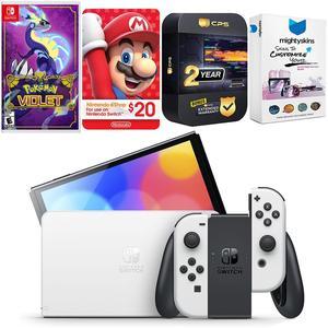 Nintendo Switch White OLED Console with Pokemon Violet, Nintendo $20 eShop Gift Card, MightySkins Console and Controller Skin Voucher, and 2 Year CPS Extended Warranty