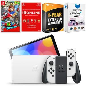 Nintendo Switch White OLED Console with Super Mario Odyssey, NSO 12 Month Family Membership, MightySkins Console and Controller Skin Voucher, and 1 Year CPS Extended Warranty