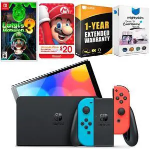 Nintendo Switch Neon Red & Blue OLED Console with Luigis Mansion 3, Nintendo $20 eShop Gift Card, MightySkins Console and Controller Skin Voucher, and 1 Year CPS Extended Warranty