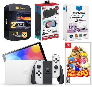 Nintendo Switch White OLED Console with Super Mario RPG, Surge Accessory Gaming Kit, MightySkins Console and Controller Skin Voucher, and 2 Year CPS Extended Warranty