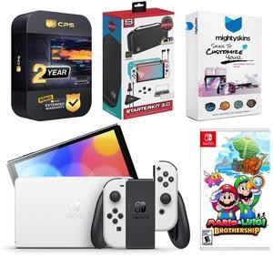 Nintendo Switch White OLED Console with Mario & Luigi: Brothership, Surge Accessory Gaming Kit, MightySkins Console and Controller Skin Voucher, and 2 Year CPS Extended Warranty