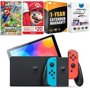 Nintendo Switch Neon Red & Blue OLED Console with Mario Party Superstars, Nintendo $20 eShop Gift Card, MightySkins Console and Controller Skin Voucher and 1 Year CPS Extended Warranty