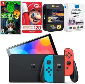Nintendo Switch Neon Red & Blue OLED Console with Luigis Mansion 3, Nintendo $20 eShop Gift Card, MightySkins Console and Controller Skin Voucher, and 2 Year CPS Extended Warranty