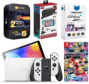 Nintendo Switch White OLED Console with Mario Kart 8 Deluxe, Surge Accessory Gaming Kit, MightySkins Console and Controller Skin Voucher, and 2 Year CPS Extended Warranty