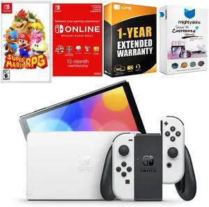 Nintendo Switch White OLED Console with Super Mario RPG , NSO 12 Month Family Membership, MightySkins Console and Controller Skin Voucher, and 1 Year CPS Extended Warranty