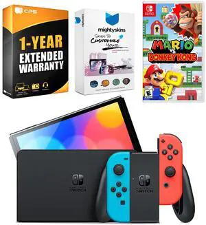 Nintendo Switch Neon Red & Blue OLED Console with Mario vs. Donkey Kong, MightySkins Console and Controller Skin Voucher, and 1 Year CPS Extended Warranty