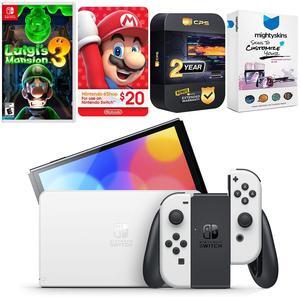 Nintendo Switch White OLED Console with Luigis Mansion 3, Nintendo $20 eShop Gift Card, MightySkins Console and Controller Skin Voucher, and 2 Year CPS Extended Warranty