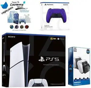 Sony PlayStation 5 Slim Digital with Extra Galactic Purple Controller, Dual Charging Dock and MightySkins Decal Voucher