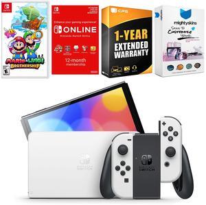 Nintendo Switch White OLED Console with Mario & Luigi: Brothership, NSO 12 Month Family Membership, MightySkins Console and Controller Skin Voucher, and 1 Year CPS Extended Warranty