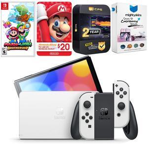 Nintendo Switch White OLED Console with Mario & Luigi: Brothership, Nintendo $20 eShop Gift Card, MightySkins Console and Controller Skin Voucher, and 2 Year CPS Extended Warranty
