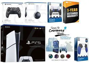 Sony Playstation 5 Slim Digital with White Pulse Headset, Extra Gray Camo Controller, Trigger Stop Kit, FPS Grip Kit and MightySkins Decal Voucher + 1 Year CPS Extended Warranty
