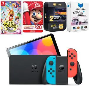 Nintendo Switch Neon Red & Blue OLED Console with Rabbids: Party of Legends, Nintendo $20 eShop Gift Card, MightySkins Console and Controller Skin Voucher and 2 Year CPS Extended Warranty