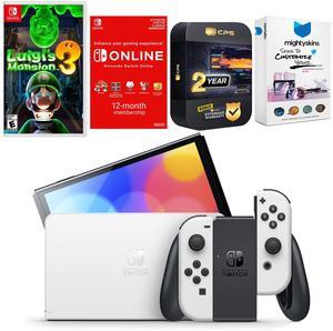 Nintendo Switch White OLED Console with Luigis Mansion 3, NSO 12 Month Family Membership, MightySkins Console and Controller Skin Voucher, and 2 Year CPS Extended Warranty