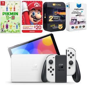 Nintendo Switch White OLED Console with Pikmin 1 + 2, Nintendo $20 eShop Gift Card, MightySkins Console and Controller Skin Voucher, and 2 Year CPS Extended Warranty